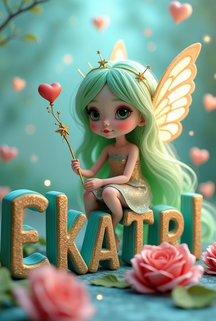 A peculiar fairy named Nora, who has light green hair and colorful wings. She sits gracefully on the intricately designed 3D letters 'EKATRI' in gold and light blue. Surrounding her are floating hearts, and she holds a delicate golden wand. The background is a calm light blue., and there's a beautiful rose at her feet. The entire scene is illuminated by tiny glowing orbs, adds a touch of magic.