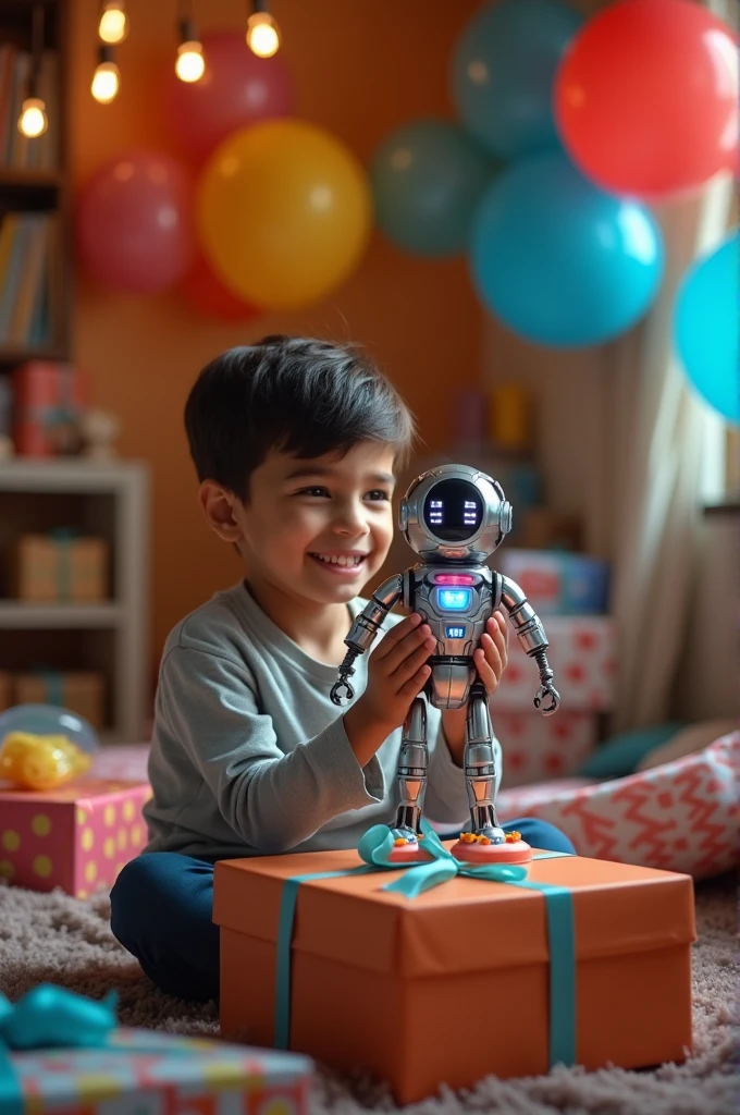 Ravi’s Birthday Gift:

Prompt: “A young boy named Ravi excitedly opens a birthday present to reveal a futuristic robot toy. The robot has a friendly appearance with colorful lights and a shiny metallic surface. Ravi is smiling with joy as he holds the robot, in a cozy, decorated birthday room with balloons and presents.”