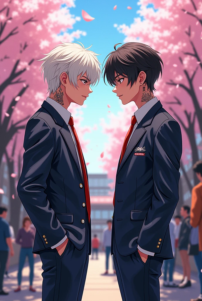 I want a Manhwa art
cover, where 2 handome Korean boys, those are school boys who are Hates each other but as story increase they'll fall for each other because it's gonna be BL genre
1. The bad boy/bully with white bangs, jewels, and tattoos (let's call him "Tae-oh")
2. The ordinary and handsome black-haired boy (let's call him "Min-soo")