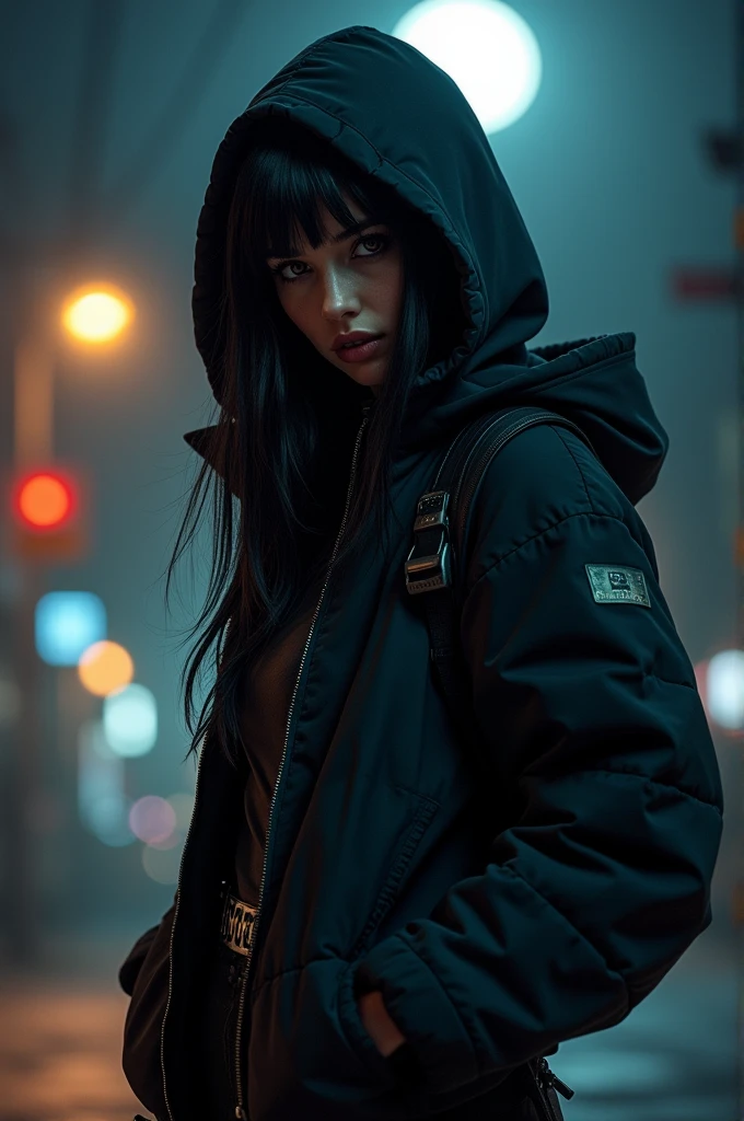 A woman she is a thief and she has a hoodie on black hair and has thief clothing on. 3d