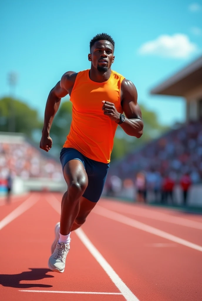 Black man running on an athletics track