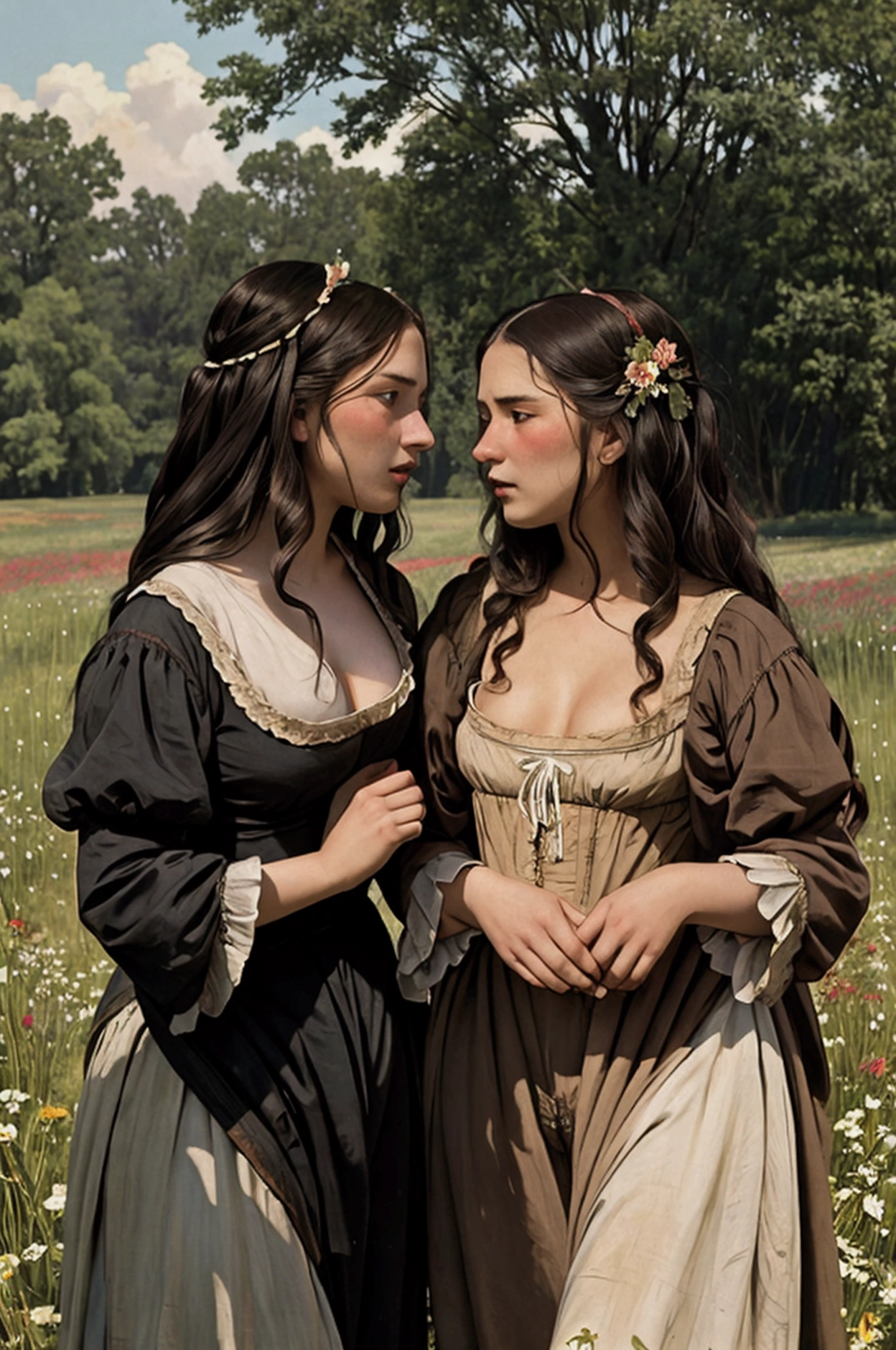 Two poor peasant women, both dressed in costumes revealing their breasts and pubes, in an intense moment of lesbian seduction, in a flowery field, circa the 18th century.