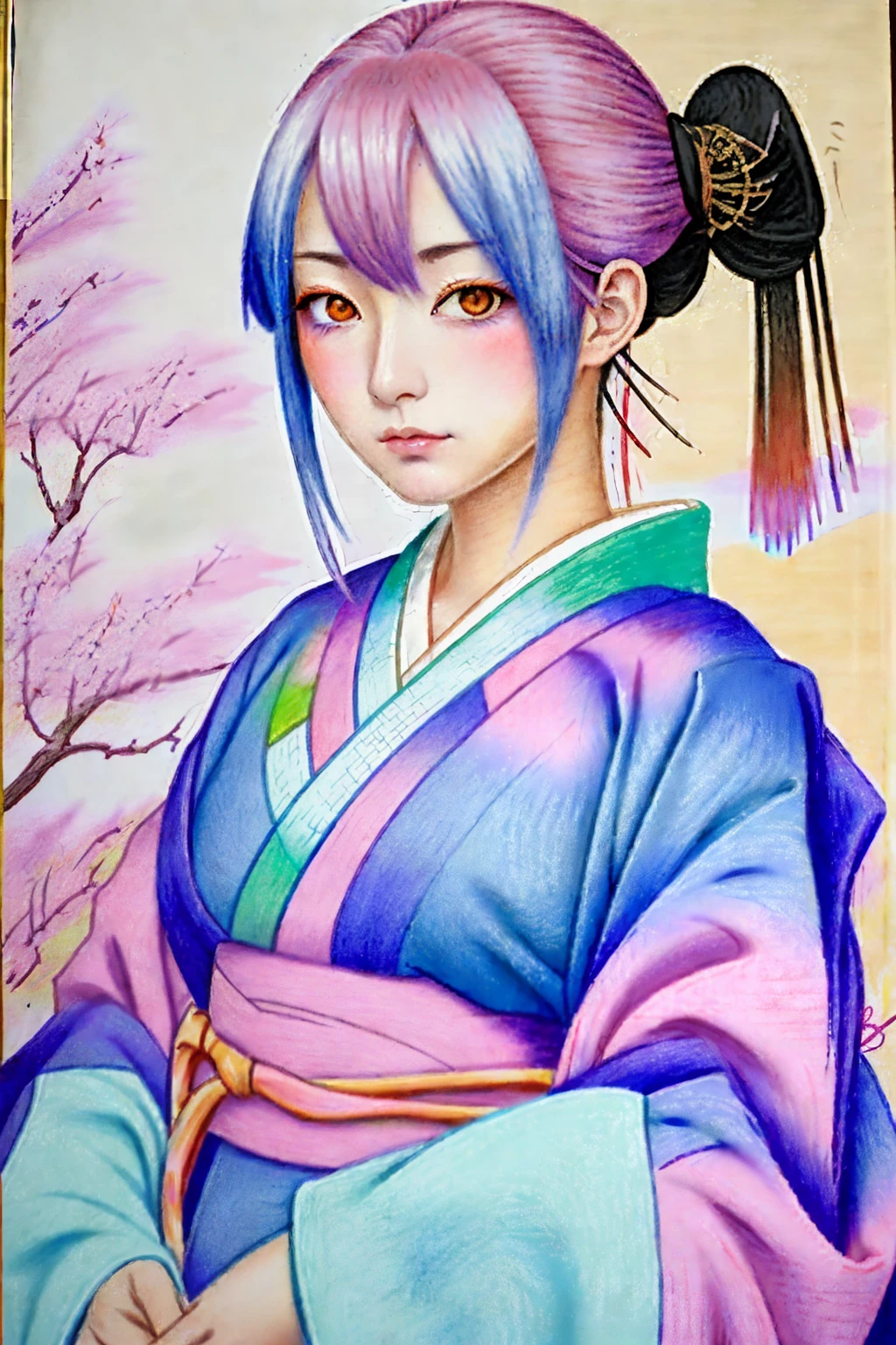 A close-up of a woman with seven-colored hair standing sideways, a pastel color pencil art. リアルなエアブラシアート Soft color, soft focus, beautiful woman, well-defined eyes, well-defined nose, animeface model, Japanese anime from Rurouni Kenshin, Kaoru Kamiya, dressed in a kimono, traditional Japanese clothing, swordsman, female swordsman, beautiful face, color pencil anime art, perfect reproduction, perfect expression, correct expression, correct reproduction, pastel color, Kaoru Kamiya with seven-colored hair, drawing with colored pencils.