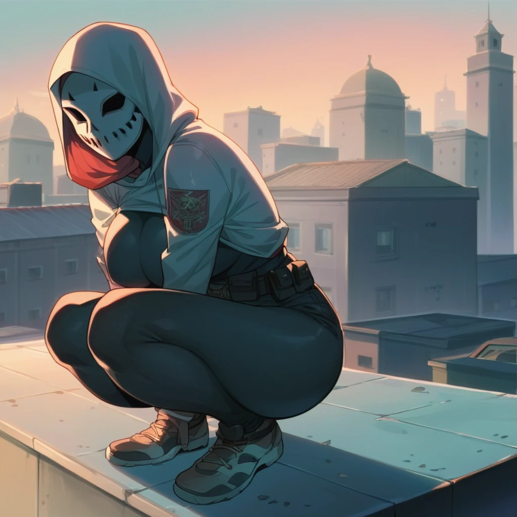 Woman with large breasts wearing a Vendetta mask squatting on a rooftop. The image has a blur and analog film grain.