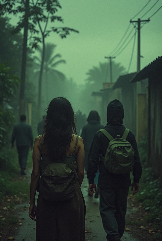 a small village transformed from a peaceful oasis into a scene of despair. the arrival of exhausted and terrified soldiers brings news of the activation of Project Nemesis, an imminent nuclear threat. The environment, Previously serene,, now charged with a heavy silence and palpable fear. Bruna and Rebeca, impacted by the shock, display expressions of grave concern and determination.