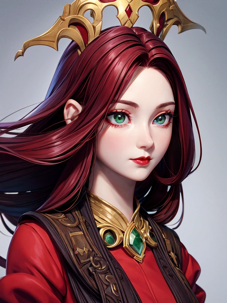 Portrait, lady, queen, red dark hair , chogo alto, pale skin, green eyee, small eyes, small nose, red lips, perfect ratio face, vamoire eaes, elegant and cute, Beauty, 