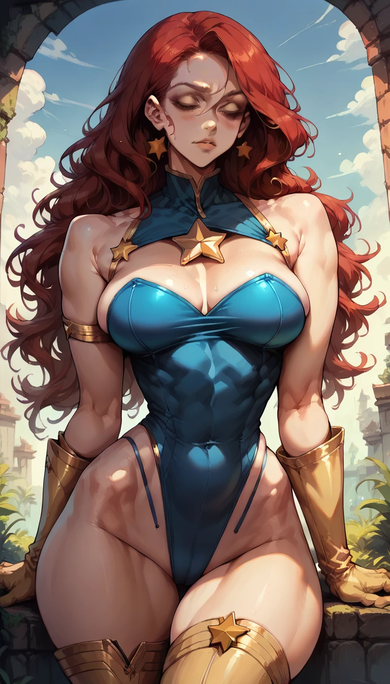 score_9, score_8_up, score_7_up, score_6_up, score_5_up, score_4_up, Sexy, Superheroine, Red hair, long hair, busty, curvy, ((blue highleg leotard with a t-back thong and a gold star insignia on chest)), gold boots, gold gloves