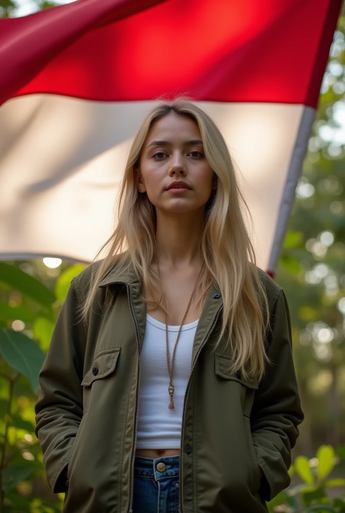 27 years old jewish woman, white skin, full weight body, long blonde hair, short neck, straight front pose, half body portrait, outdoor outfit jacket, in front of Indonesia flag