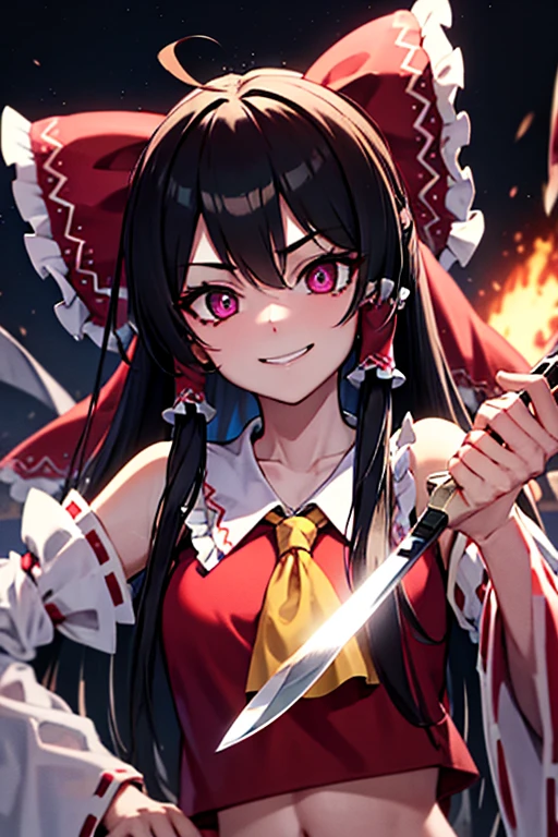 Reimu, dressed in black, has seductive purple eyes and a devilish smile as she swings a knife horizontally on a dark road at night.