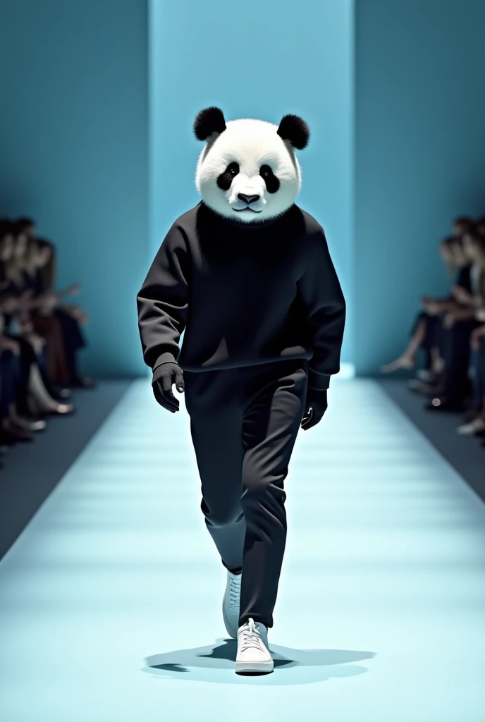 Panda Variety:	Minimalist Panda	,Outfit Description:	Sporting a monochrome look with a simple, sleek COS turtleneck, tailored pants, and minimalist sneakers.	,Style Theme:	Minimal, Modern	,Brand Inspiration:	COS	"high-end design style， Paris Fashion Show，Macaron light blue series，Perfect color matching，high-end feel,Long Shot，Full body，Dynamic capture of runway shows，16K --chaos 40 --ar 9:16 --stylize 750
16K chaos, dynamic capture, Fashion runway, high-end design style, macaron light blue series, Paris Fashion Show, v 6 "
