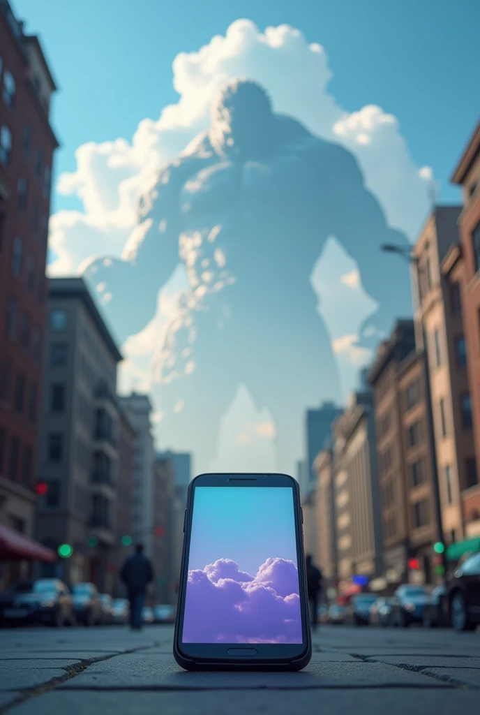 Create an image of a "photoshot" A shot of a cell phone in a normal city, and in the city's sky there are clouds, some lighter and some more transparent. The clouds form a subtle silhouette of Galactus from Marvel.