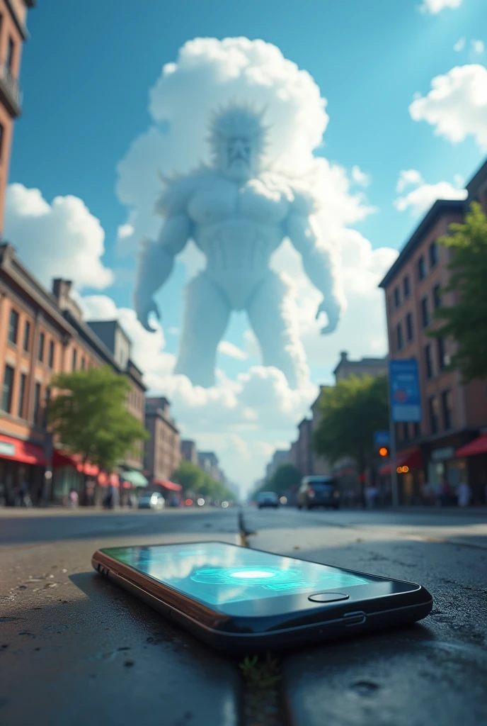 Create an image of a "photoshot" A shot of a cell phone in a normal city, and in the city's sky there are clouds, some lighter and some more transparent. The clouds form a subtle silhouette of Galactus from Marvel.