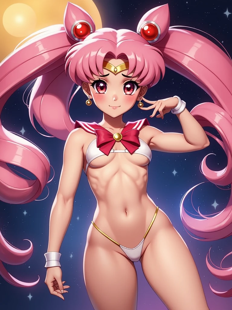 Small breasts、Full body view、Chibiusa、Sailor Moon（Chibiusa）Flat chest、Small breasts、Full body view、Chibiusa、Sailor Moon（Chibiusa）Flat chest、Spread your legs、micro bikini,non nude、smile、Raise one leg,very cute,muscle、big eye,tear、high kick,high quality, high heels, 