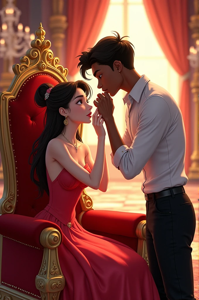 A Disney cover. A white-skinned girl wearing a short red dress, sitting on a queen's throne with a crown. She is very pretty. On the same throne, a darker-skinned boy, taller than her. Both are sitting on the furniture, and the boy is kissing the girl's hand. Anime style, the boy is kissing the girl's hand. He is wearing a white shirt and black pants.