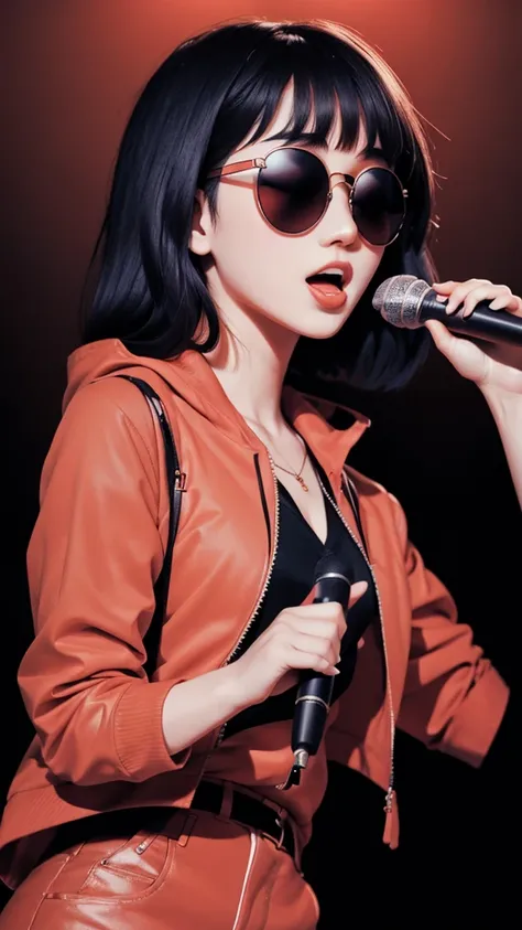 singing girl,holding a microphone、sunglasses