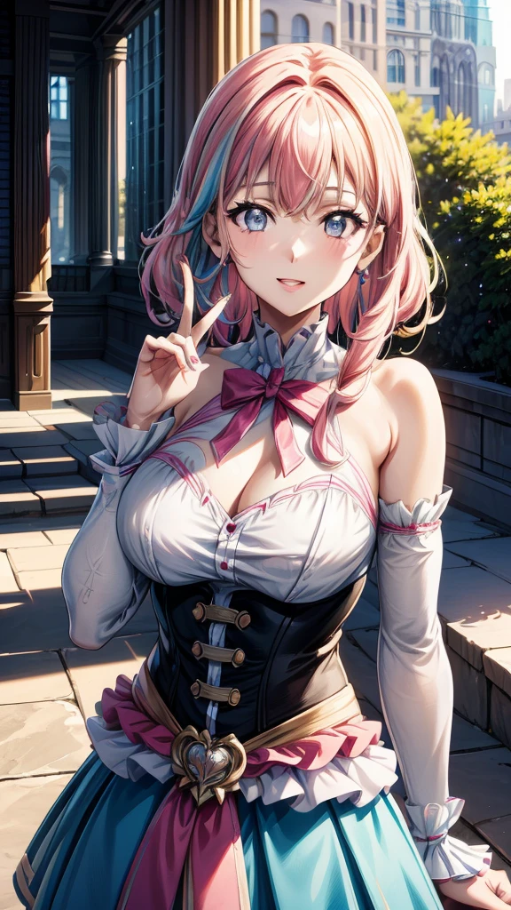 “(Best quality, masterpiece, ultra high definition, high resolution, HDR, Unity 8K wallpaper, beautiful details, depth, delicacy, vivid colors). A single girl in an anime style inspired by Epic Seven. She has beautifully detailed eyes, lips, and face, with long eyelashes. She wears a complex and revealing gal-style uniform with a mini skirt, featuring cute ribbon accessories. Her hair is multi-colored with striped, curly textures, blending rainbow hues with half white and half pink tones. The upper body is in focus, capturing her laughing expression. The image emphasizes her attractive, adorable appearance, with an erotically cute vibe. The girl’s hairstyle is distinct and different, adding uniqueness to her look. She has four fingers visible with a detailed thumb joint. The scene is rendered in ultra-high definition CG, ensuring every detail is vivid and sharp.”