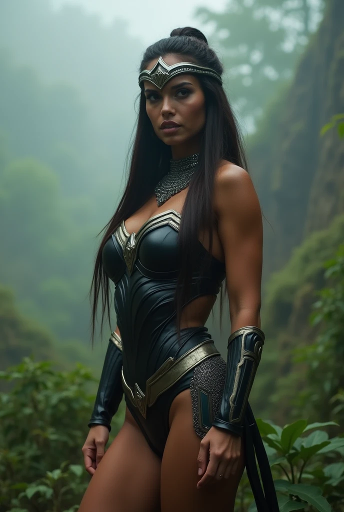 A beautiful woman Adriana Lima under the mantle of the Amazonian warrior Wonder Woman black suit she is a tall Caucasian woman who has a muscular body, Straight, brown hair to the lower back that's kept in a braid, Wide and ripped shoulders, Toned stomach and long, muscular legs, she wears a black leather suit that is very tight to her body and highlights her curves through her superheroine suit.. She also wears a gladiator-style helmet that covers her face, excluding her eyes and mouth with a curved leaf on top silver choker on her neck suit in the style of Wonder Woman 84 Movie 