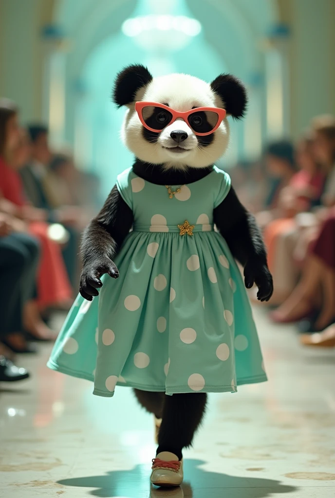 Panda Variety: Vintage Panda ,Outfit Description: Wearing a 1950s-inspired polka dot dress, cat-eye sunglasses, and retro pumps. ,Style Theme: Retro, Classic ,Brand Inspiration: Vintage/Retro "high-end design style, Paris Fashion Show,Macaron light blue series,Perfect color matching,high-end feel,Long Shot,Full body,Dynamic capture of runway shows,16K --chaos 40 --ar 9:16 --stylize 750
16K chaos, dynamic capture, Fashion runway, high-end design style, macaron light blue series, Paris Fashion Show, v 6 "