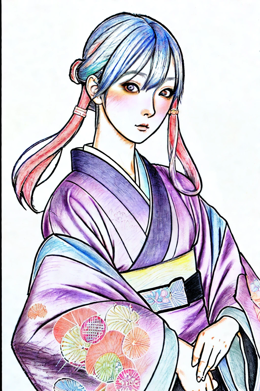 A close-up of a woman with seven-colored hair standing sideways, a pastel color pencil art. リアルなエアブラシアート Soft color, soft focus, beautiful woman, well-defined eyes, well-defined nose, animeface model, Japanese anime from Rurouni Kenshin, Kaoru Kamiya, dressed in a kimono, traditional Japanese clothing, swordsman, female swordsman, beautiful face, color pencil anime art, perfect reproduction, perfect expression, correct expression, correct reproduction, pastel color, Kaoru Kamiya with seven-colored hair, drawing with colored pencils.