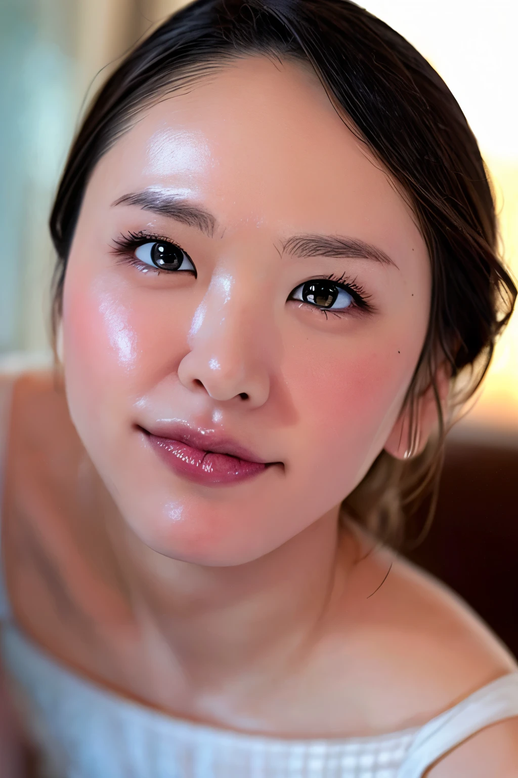 (realistic, photo-realistic:1.4), (masterpiece, best quality:1.2), RAW photo, high resolution, intricate details, extremely detailed, realistic and sharp details, cinematic lighting, (portrait, frontal photography, face focus, looking at viewer), solo, a Japanese woman, (wearing a dress), collarbone, dark hair, short hair, detailed face, detailed eyes, sophisticated nose, pale skin, fine-textured skin, sweaty, shiny skin, ((incoming pocky kiss)), photo background, indoors, home, daytime, 