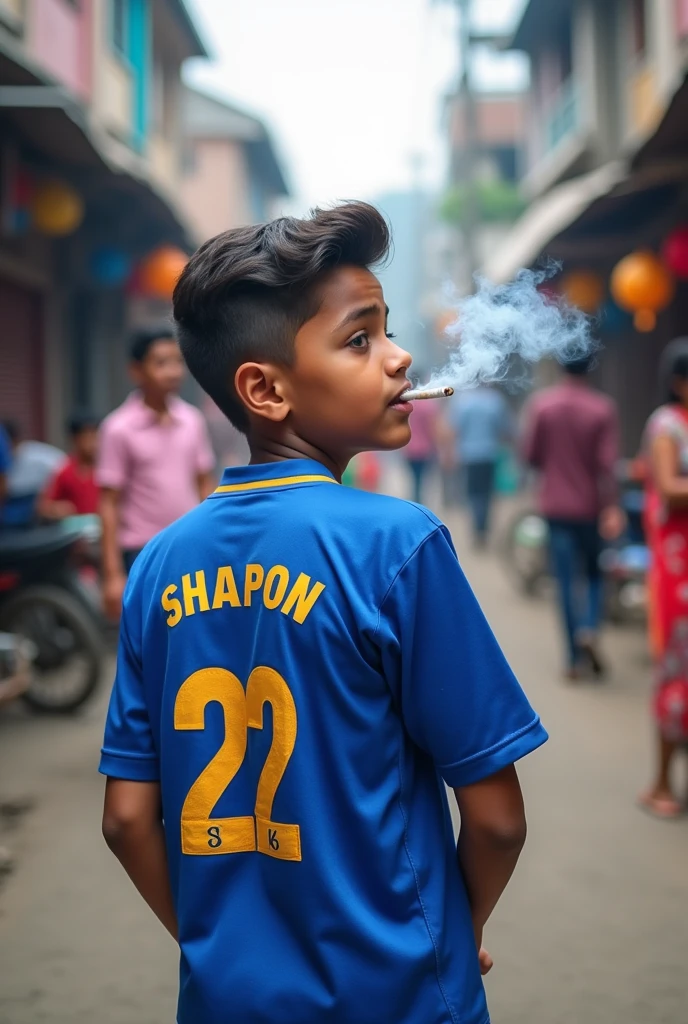 18 years boy  smoking Jersey name SHAPON Jersey namber 22 in back side in Bangladesh 