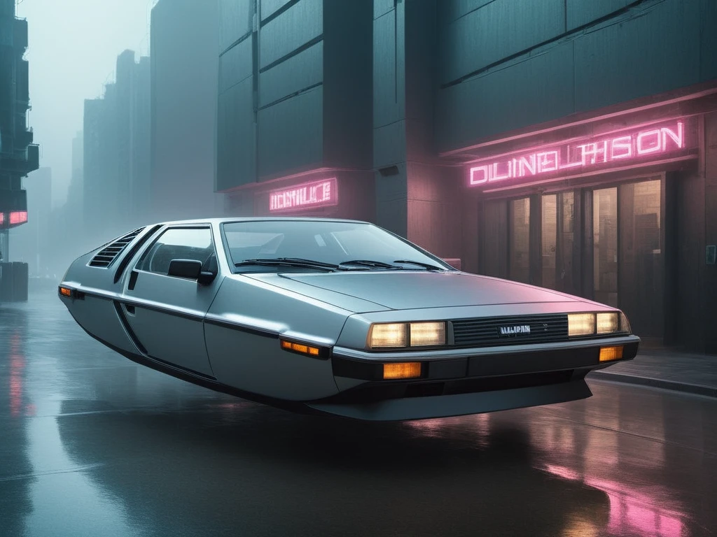 floating car, DELOREAN, 1985, polished gray, reflective painting, TINTED WINDOWS, City streets, horizontally folded wheels, cyberpunkstyle, linhas limpas, Sharp edges, flow line, detailed painting, Detailed scenery, open doors, (Futuristic concept car:1.2), detailded, high-tech style streets, power poles and cables, deserted streets high tech, hyperrealisti, hyper-futuristic, 16K, cinematic lighting with pink and blue neon, wide plan, F/3.6, futuristic city background with tall buildings, grimdark, natta, night-time, Moon in the sky, confusion, perFect composition, beautiFul detailded intricate insanely detailded octane render trending on artstation, 8K artistic photography, photorrealistic concept art, soFt natural volumetric cinematic perFect light, Bright dark, rewarded photography, work of art, oil on canvas, rafael, caravaggio, Greg Rutkowski, beetle, Beksinski, giger, as realistic as possible