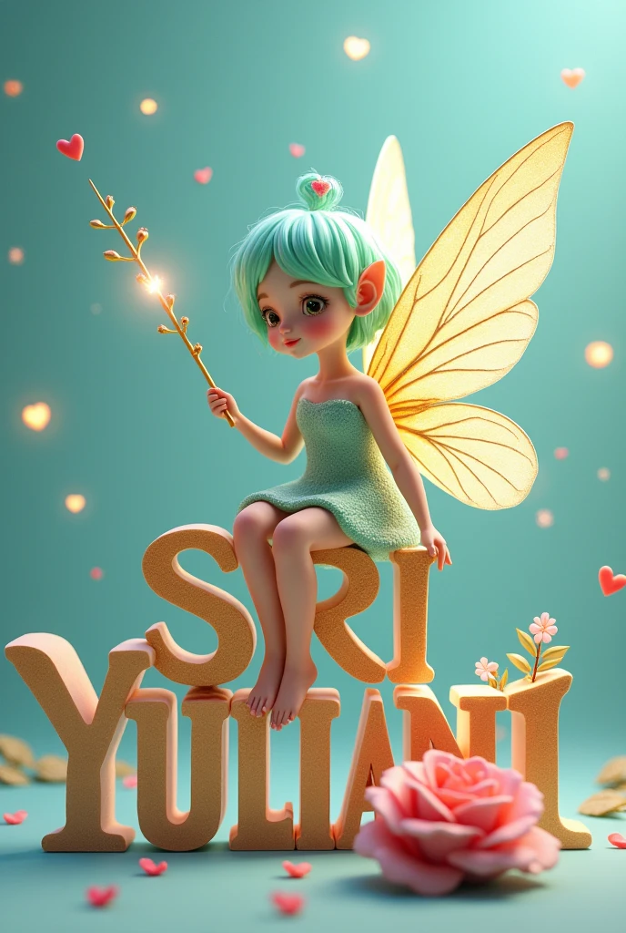 A peculiar fairy named Nora, who has light green hair and colorful wings. She sat gracefully atop the intricately designed 3D letters 'SRI YULIANI' in gold and light blue.. Surrounding her are floating hearts, and she holds a delicate golden wand. The background is a calm light blue., and there's a beautiful rose at her feet. The entire scene is illuminated by tiny glowing orbs, adds a touch of magic.