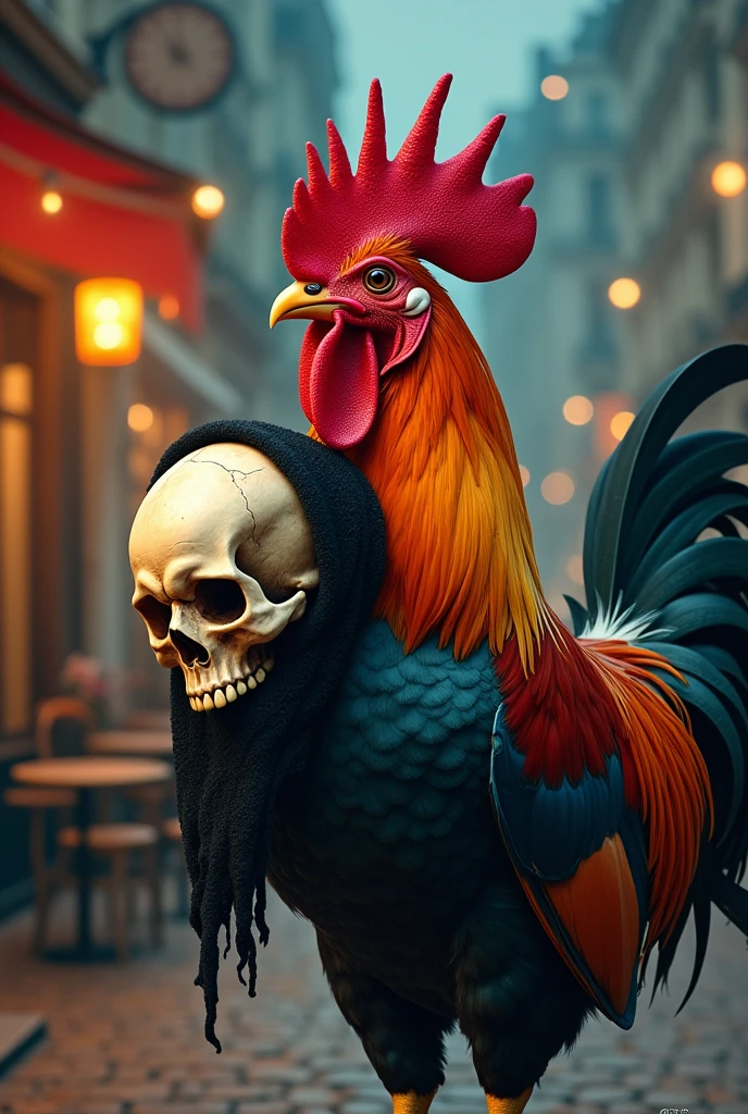 A French rooster holding a skull, and this skull is wearing a burqa