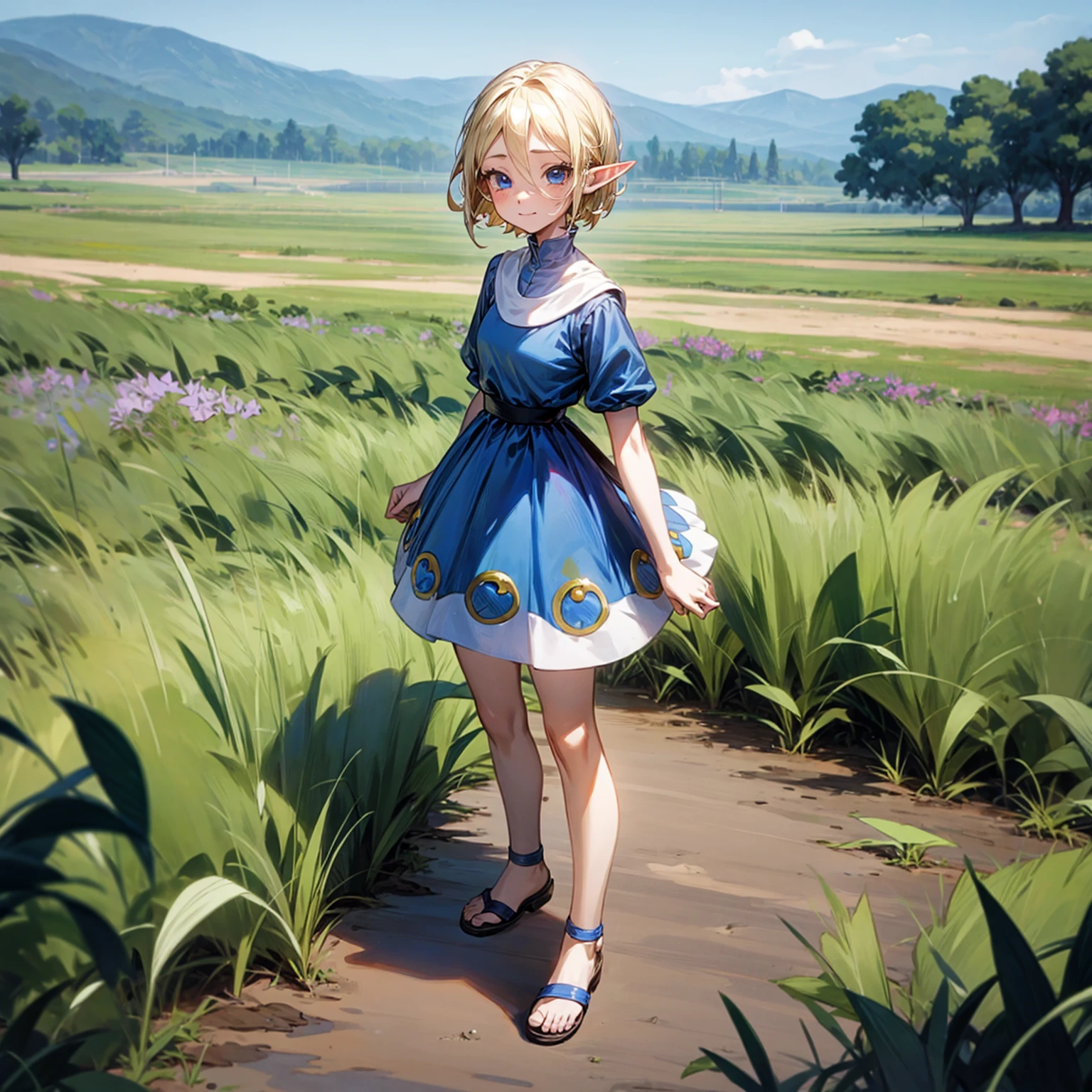 Solo character, full body version, kid girl, (elf), blue eyes, blonde color hair, short haircut, blue dress, short dress, sandals, outdoor, field, medieval, standing gesture, detailed background, detailed clothing, detailed hair, (Doraemon style art), sad eyes, smile mouth 