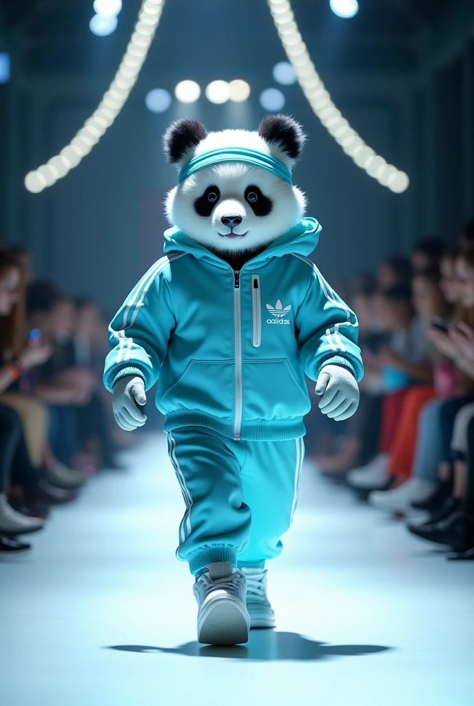 Panda Variety:	Sporty Panda	,Outfit Description:	Dressed in an Adidas tracksuit, running shoes, and a sporty headband.	,Style Theme:	Athletic, Casual	,Brand Inspiration:	Adidas	"high-end design style， Paris Fashion Show，Macaron light blue series，Perfect color matching，high-end feel,Long Shot，Full body，Dynamic capture of runway shows，16K --chaos 40 --ar 9:16 --stylize 750
16K chaos, dynamic capture, Fashion runway, high-end design style, macaron light blue series, Paris Fashion Show, v 6 "
