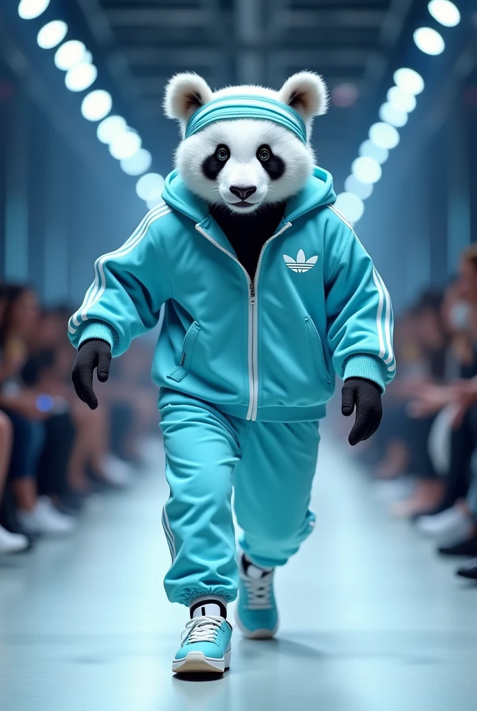 Panda Variety:	Sporty Panda	,Outfit Description:	Dressed in an Adidas tracksuit, running shoes, and a sporty headband.	,Style Theme:	Athletic, Casual	,Brand Inspiration:	Adidas	"high-end design style， Paris Fashion Show，Macaron light blue series，Perfect color matching，high-end feel,Long Shot，Full body，Dynamic capture of runway shows，16K --chaos 40 --ar 9:16 --stylize 750
16K chaos, dynamic capture, Fashion runway, high-end design style, macaron light blue series, Paris Fashion Show, v 6 "
