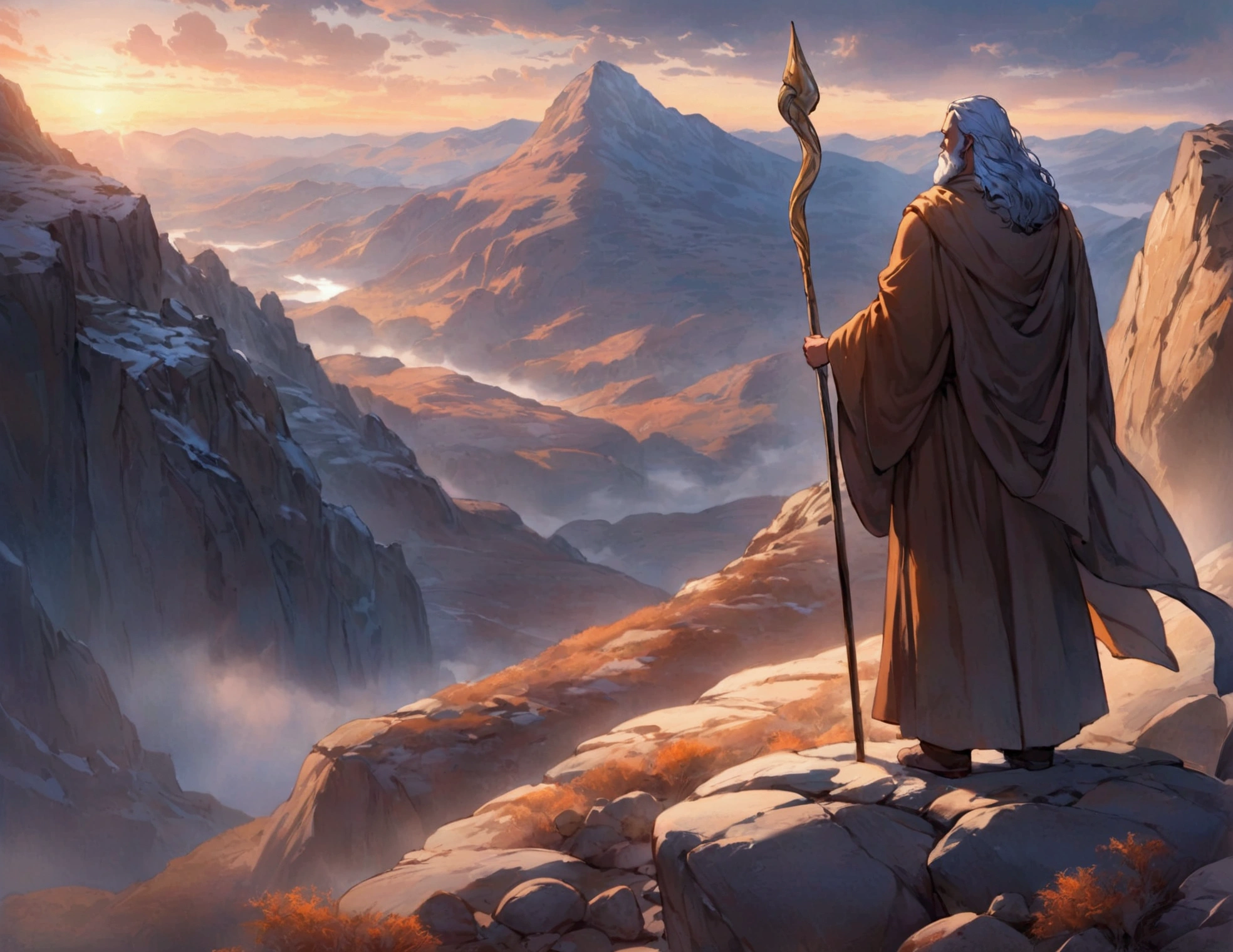 Create a cinematic-quality image with advanced levels of detail, depicting Moses standing alone at the top of a majestic mountain. The scene should be set at twilight, with the sky painted in deep purples and oranges as the sun sets in the distance. Moses, clad in traditional robes and holding his iconic staff, stands at the edge of a rocky cliff, overlooking a vast, barren landscape below. His figure is illuminated by the fading sunlight, casting long shadows across the rugged terrain.
The mountain itself is imposing, with jagged rocks and steep cliffs, symbolizing the solitude and gravity of Moses’ position. The wind gently tugs at his robes and beard, adding a sense of movement and isolation. The atmosphere is one of contemplation and reverence, with intricate details in the texture of the rocks, the folds of Moses' clothing, and the distant horizon. The overall mood should evoke a sense of solitude, reflection, and the weight of leadership, capturing the solemn moment of Moses on the mountaintop.