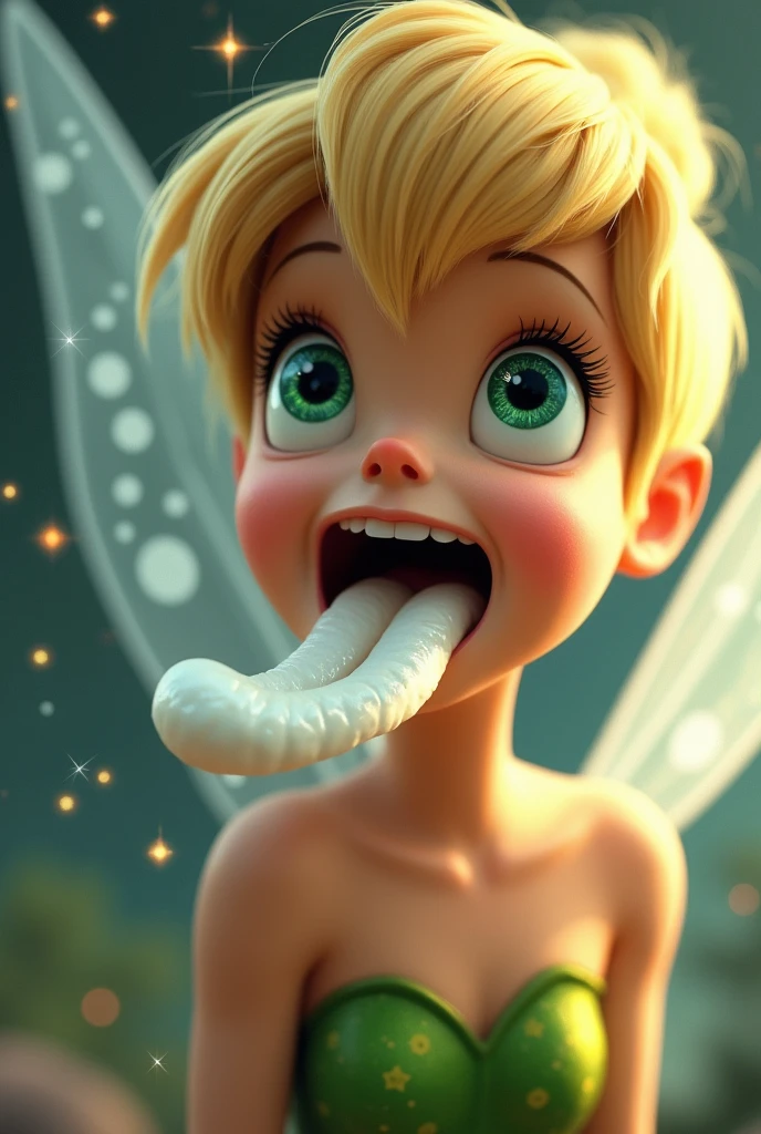 ((best quality)), ((masterpiece)) Tinker Bell opens her mouth wide showing you her uvula and super thick slimy and very meaty white Tongue with a sensual expression on her face (close up on face)