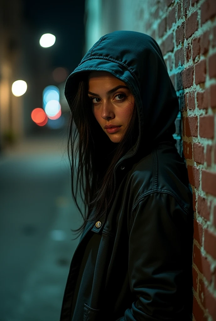 A woman she is a thief and she has a hoodie on black hair and has thief clothing on and she is tied up against the wall and her cheek is red.