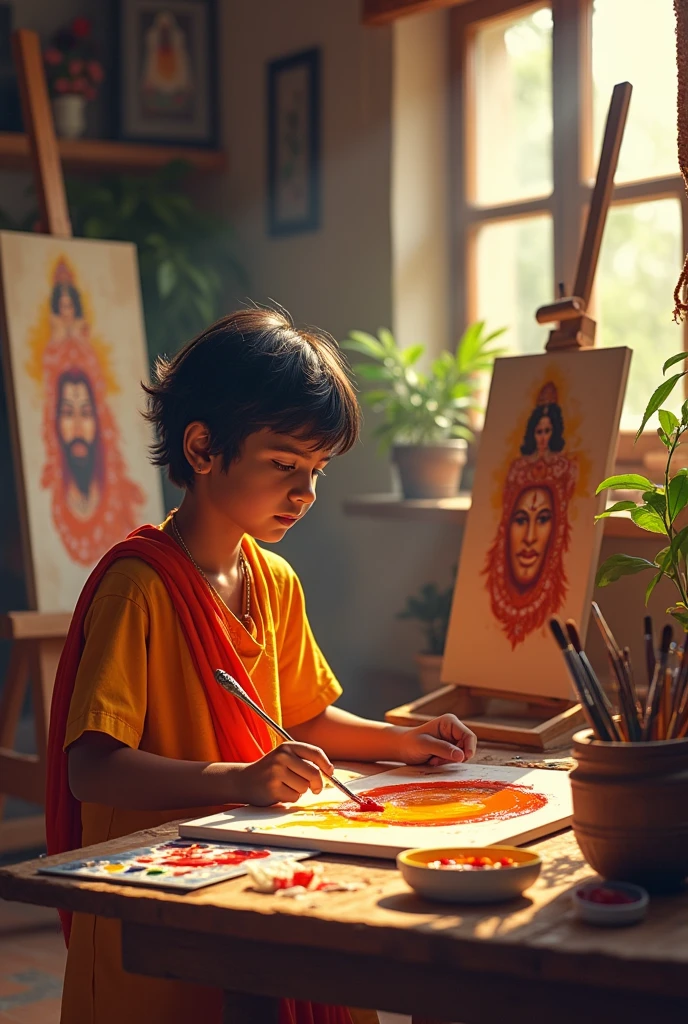 Beautiful indian  Young boy making a god hanuman ji panting