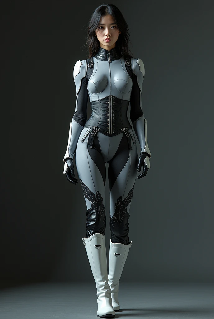 A beautiful Japanese girl wearing a gray suit, Wearing a tight suit, A beautiful Japanese woman wearing a futuristic gray suit, 滑らかなgreyタイトな服のスーツ, greyレオタードを着て, White stitching、Star Wars Imperial Agent, Female Stormtrooper, Full Body Shot, full body, The tight-fitting suit, grey、Black pattern、(The waist design is black leather)、Black Belt、Black full harness:1.5、Long legs、White boots、The suit has large white detailed zippers.、Get angry、