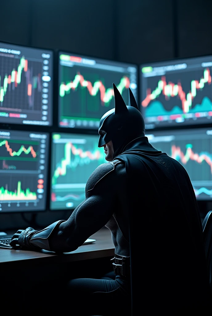 Make a realistic side image. In this image, place Batman from the game Arkaham Knight muscular., sitting in front of the several giant, modern monitors that are in the batcave. It's possible to see your face. Place on the screen of these monitors candles from the financial market along with Weiss Wave volume indicators on very large screens