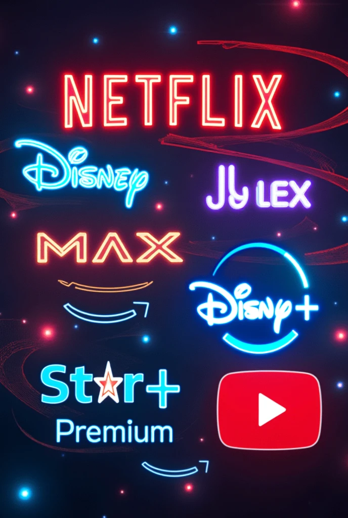 collage of netflix logos, disney, Prime Video, max, star+ and youtube premium futuristic style