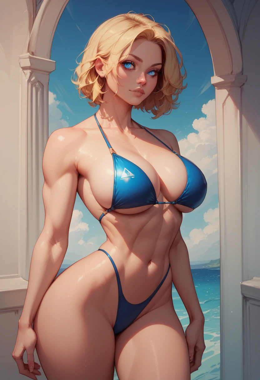 girl, dark blue swimsuit, blonde, blue eyes, Hyper Realistic, masterpiece,