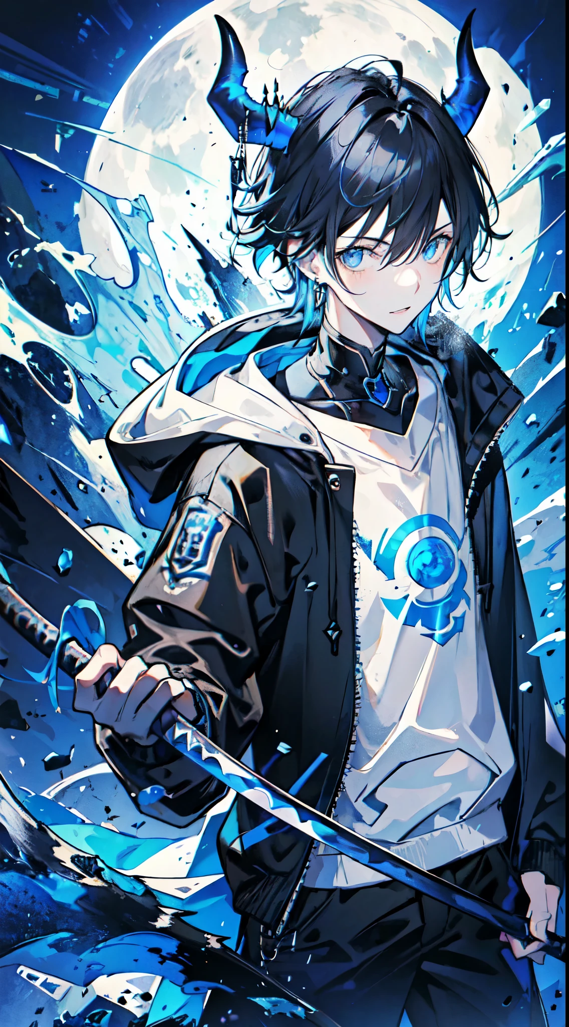 1 person, best quality, masterpiece, 1 teen boy, scruffy black hair, bangs, Blue eyes, long earrings, black hoodie, blue demon horns, blue katana, at the back, moon, dark night, looking at viewer, upper body.