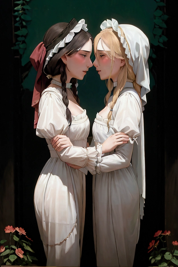 Two poor peasant women, both dressed in costumes revealing their breasts and pubes, in an intense moment of lesbian seduction, in a flowery field, circa the 18th century.