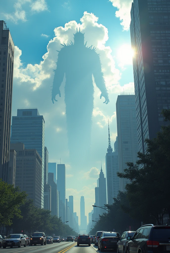 Create an image of a normal city, and in the city's sky there are clouds, some lighter, others more transparent. The clouds form a subtle silhouette of Galactus from Marvel.