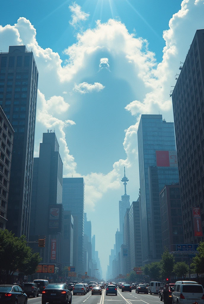 Create an image of a normal city, and in the city's sky there are clouds, some lighter, others more transparent. The clouds form a subtle silhouette of Galactus from Marvel.