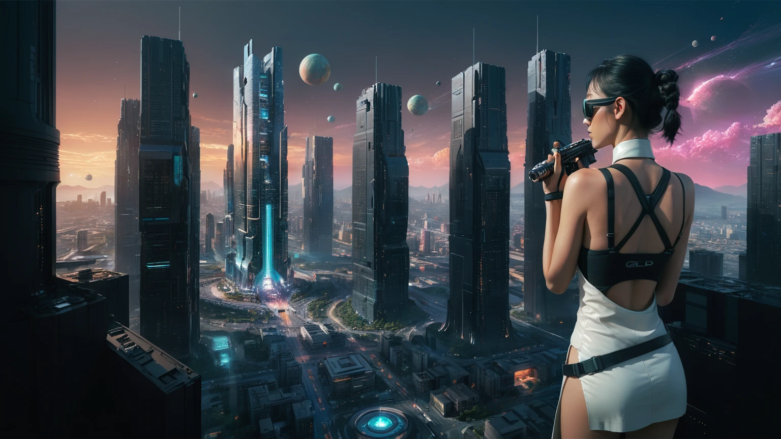 Brightly colored abstract aerial view image of a futuristic city, futuristic flying cars, epic beautiful space sci-fi, chaotic cinematic space rift, Greg Beeple, planets colliding, Beeple and Tim Hildebrandt, Beeple and Jean Giraud, end of the universe, galaxy space sci-fi, ringworld, by Mike "Beeple" Winkelmann. Matrix style, Matrix cascading code, a futuristic twin tower skyscraper with a unique twisted design, (OLED GUI interfaces in the building), at night, (1girl, solo), photo realistic, large-breast:1.2 body, cleavage, off broken mini sling-shirt and black sling bra, miniskirt, (matrix style black micro sunglasses), (holding a short gun), very low view, half-body thigh level medium shot, cinematic lighting, ray tracing.
