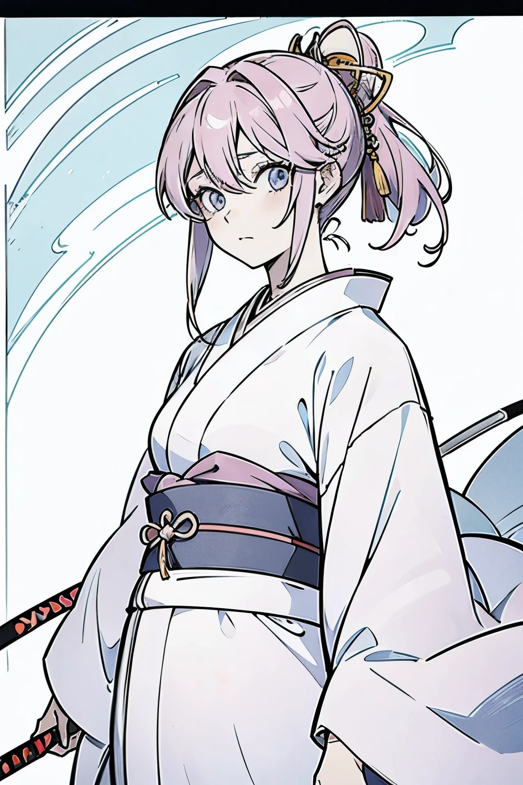 A close-up of a woman with seven-colored hair standing sideways, a pastel color pencil art. Soft color, soft focus, beautiful woman, well-defined eyes, well-defined nose, animeface model, Japanese anime from Rurouni Kenshin, Kaoru Kamiya, dressed in a kimono, traditional Japanese clothing, swordsman, female swordsman, beautiful face, color pencil anime art, perfect reproduction, perfect expression, correct expression, correct reproduction, pastel color, Kaoru Kamiya with seven-colored hair, drawing with colored pencils.