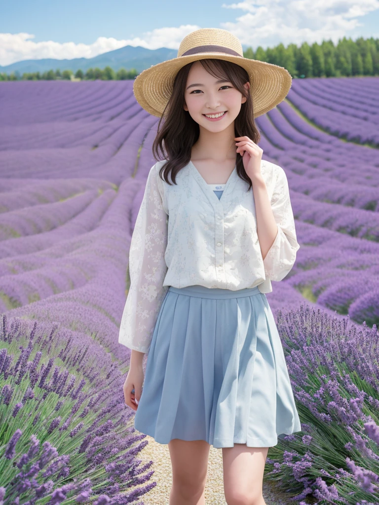 1girl, solo, highres, best_quality, masterpiece, detailed_background, intricate_details, beautiful, hokkaido, furano, lavender_field, summer_clothes, nature, smile, looking_at_viewer, dynamic_pose, natural_pose, candid, happy