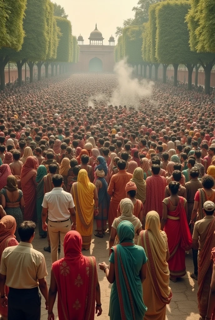 Depict a scene from the Jallianwala Bagh massacre on April 13, 1919. The image shows an enclosed garden filled with a crowd of men, women, and children, some dressed in traditional Indian attire, gathered for a peaceful protest and festival celebration. The narrow entrances of the garden are blocked by British soldiers in military uniforms, led by Brigadier General Reginald Dyer. The soldiers are shown firing their rifles into the crowd without warning, creating chaos and panic. The crowd is trapped with no escape, and the image captures the horror and desperation on the faces of the people as bullets rain down on them. The atmosphere is tense, with a sense of tragedy and brutality, highlighting the historical significance and the turning point this event represented in India's struggle for independence."