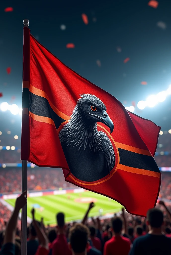 Flag of the Brazilian football club Flamengo with red and black stripes and with exuberant lights, with an image of a fierce vulture. drawing with realistic strokes.