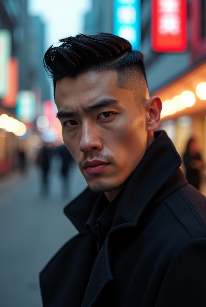 Man with a korean wolf cut. His brows were thick,  has hooded eyes and pointed nose. And his lips are lightly pink. Also has defined jaw. 