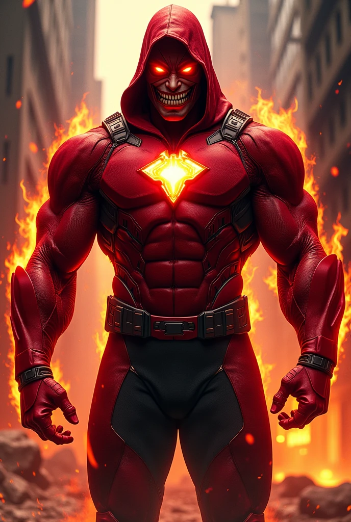 Male, giant, muscular, red skin, glowing eyes, shark-like teeth, red cowl hood, red power armor with black accents, black pants, lantern symbol, red forearms and boots, fire aura